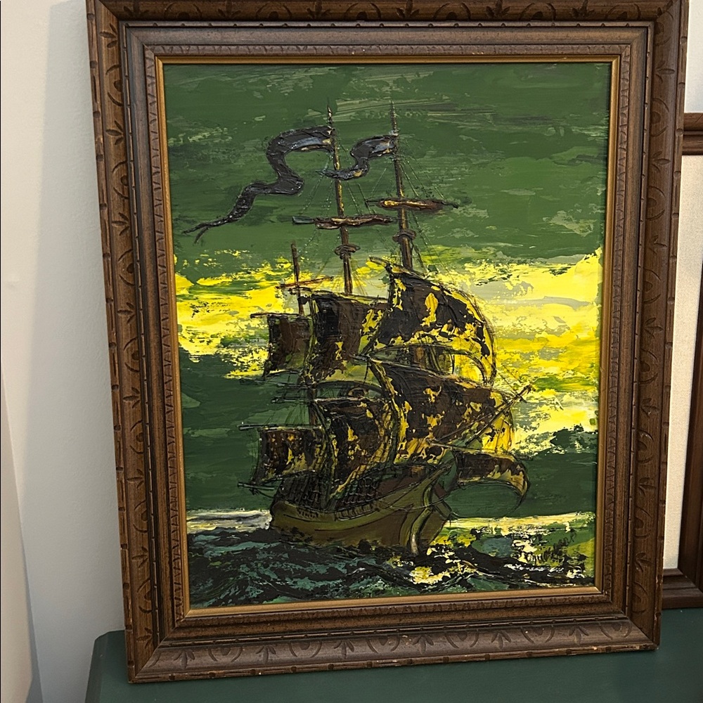 Ship painting on board green theme 
20x24 inch wood frame 
Excellent condition - Picture 2 of 7